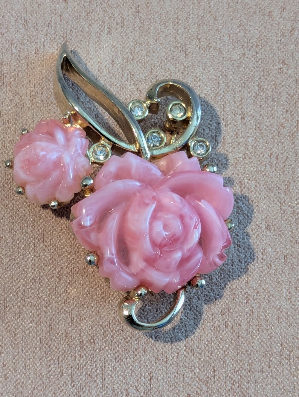 Vintage 1960s Signed Kramer Goldtone White Resin Rose & Clear Rhinestone Brooch